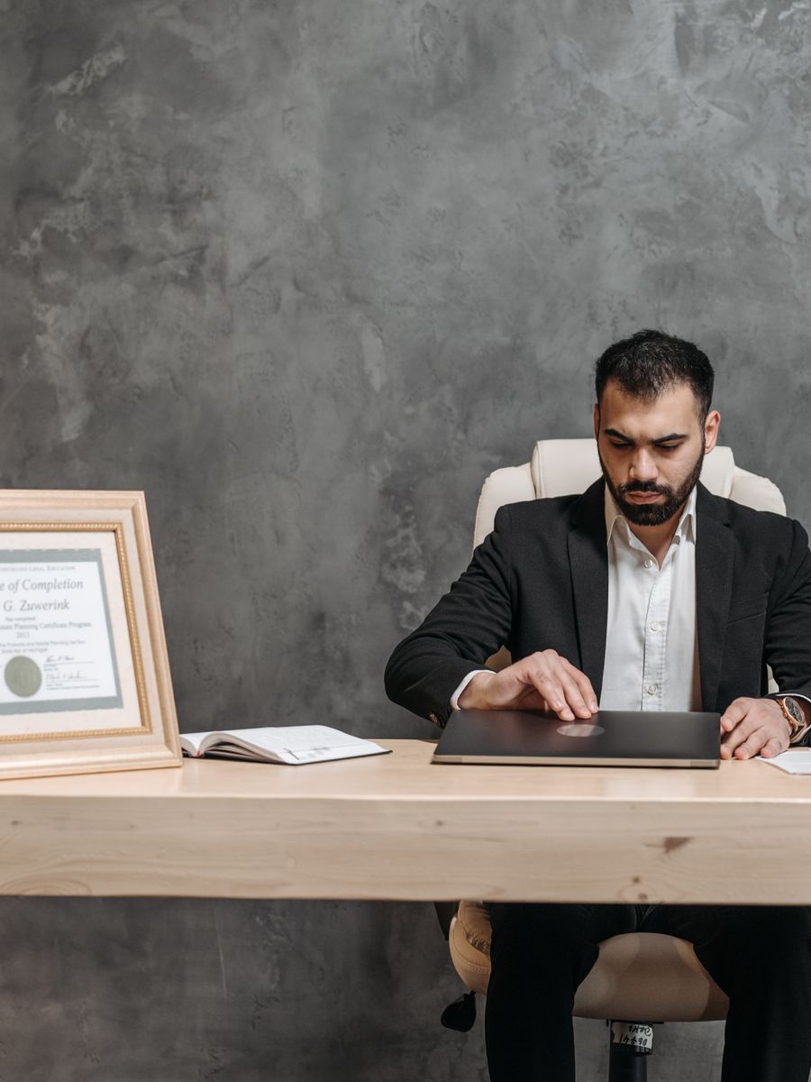 An attorney working at a law office desk