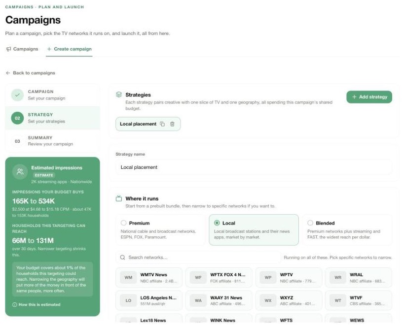 Atrium campaign builder, Strategy step: add strategies and choose where each one runs, premium, local, or blended