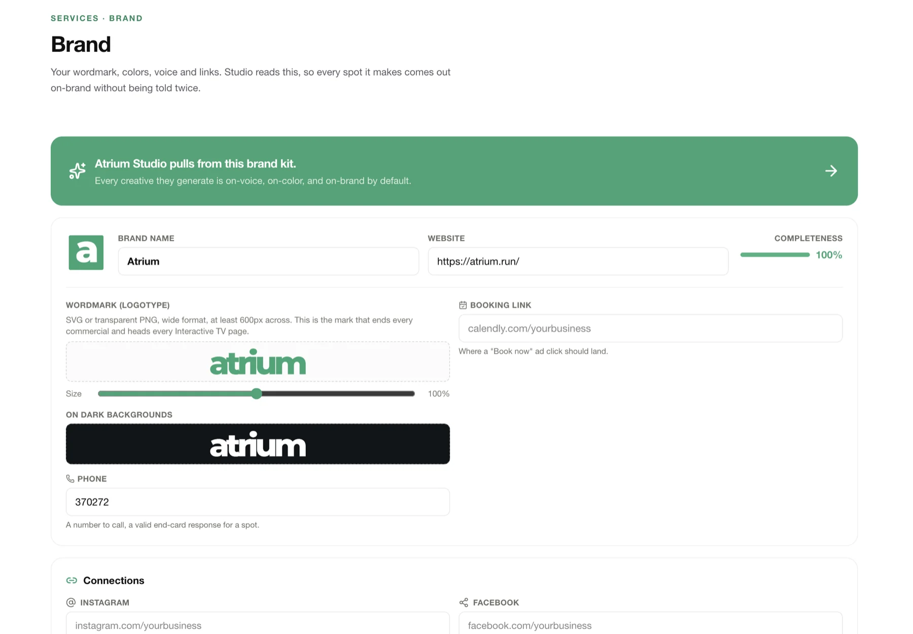 The Atrium brand kit, pulling a logo, colors and fonts from the advertiser's own site