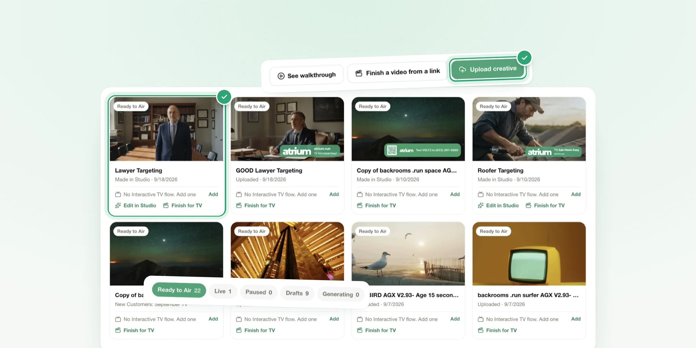 The creative library, with every spot for an advertiser in one place