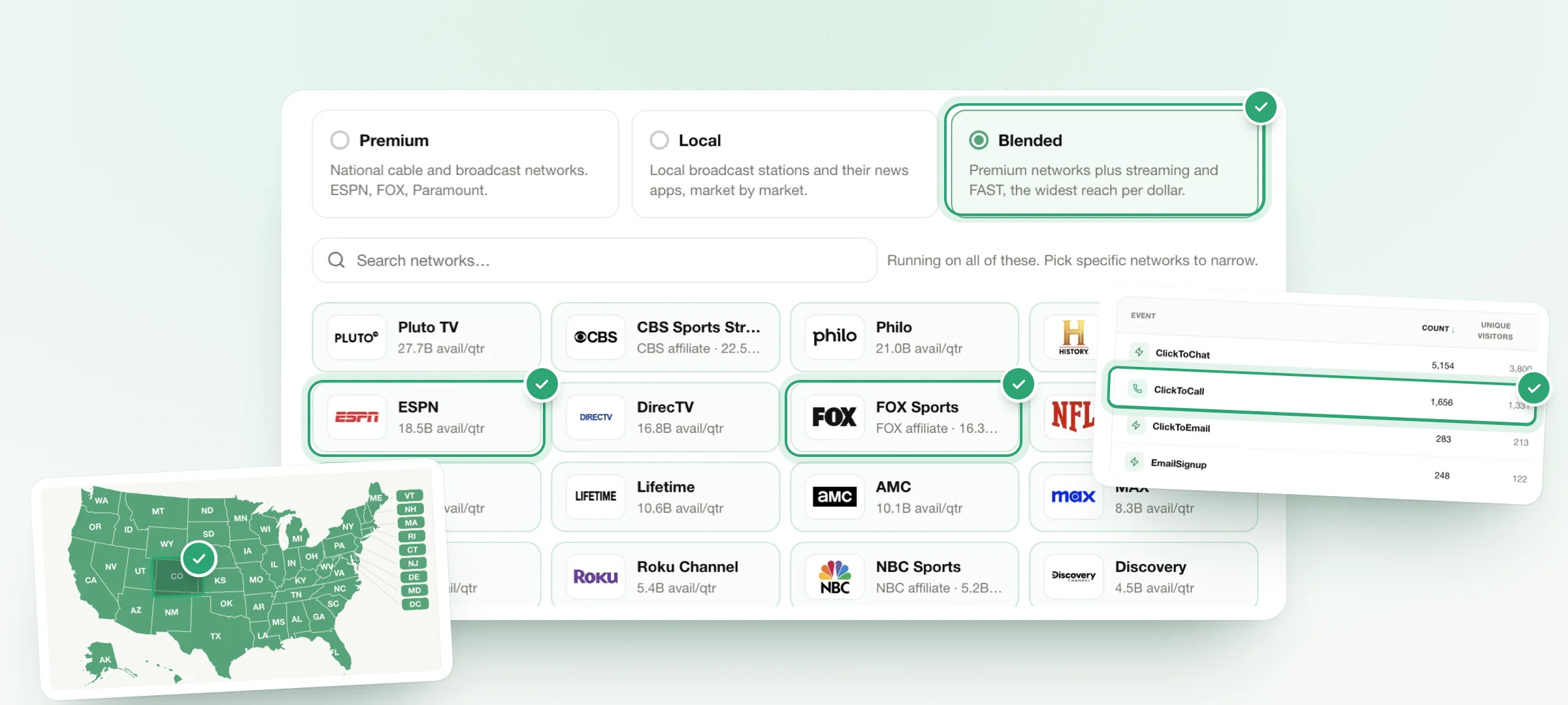 Picking premium, local, or blended TV networks, narrowing the map, and seeing the calls and leads they bring back